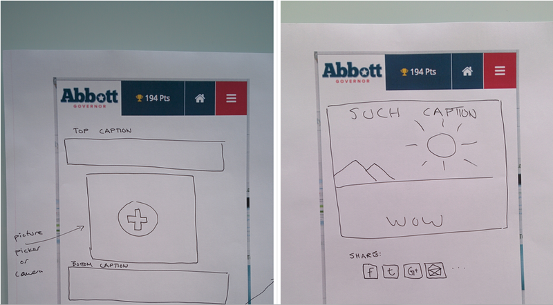 A mockup of a “meme generator” being developed by AIQ for Texas Gov. Greg Abbott’s phone app.